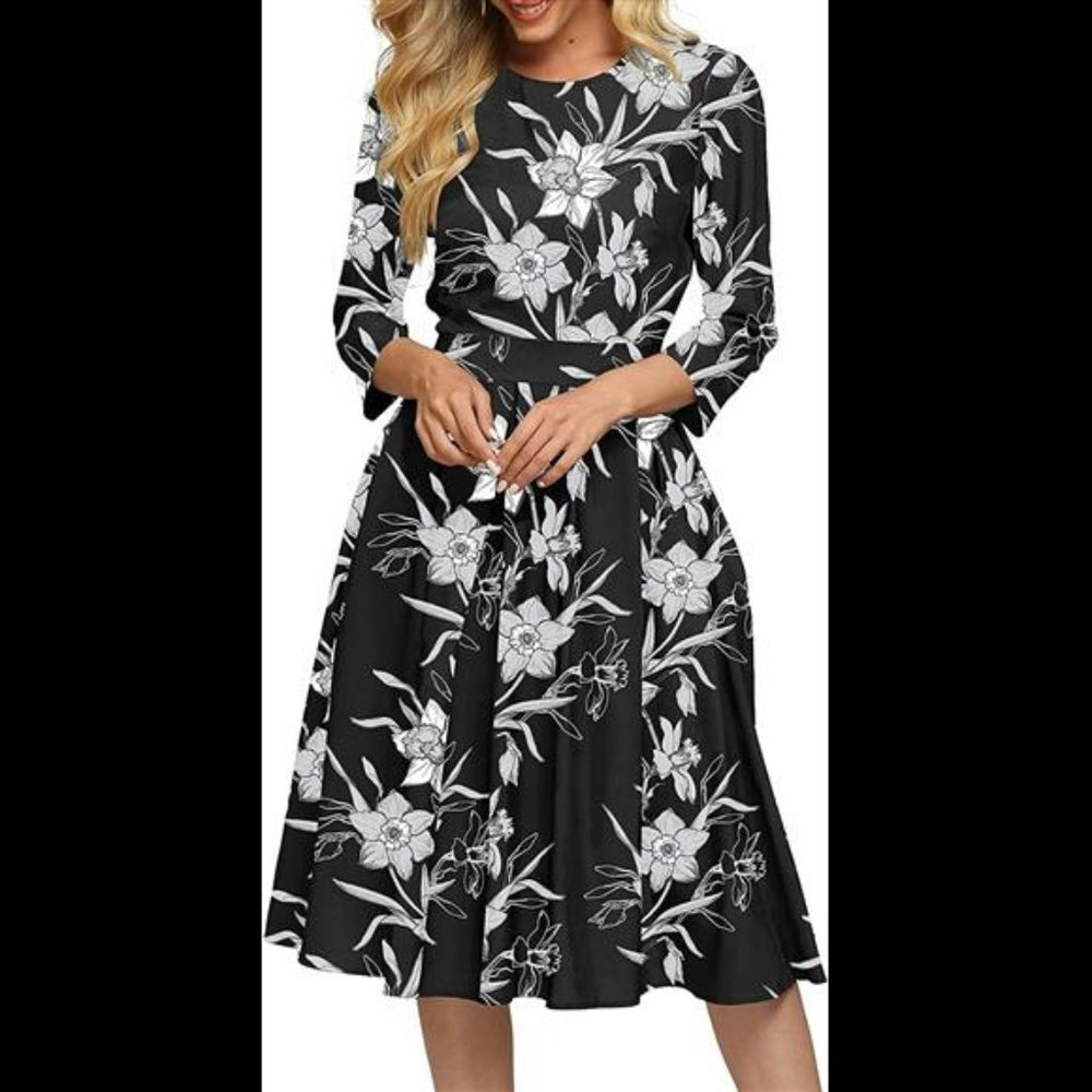 Women's Floral Vintage Dress Elegant Midi Evening Dress 3/4 Sleeves